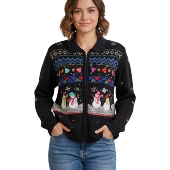 Holiday Sweaters - Designers Originals Studio Sweater Women’s LARGE Christmas Black Snowman Holiday